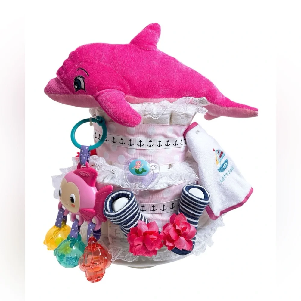 Nautical Dolphin Baby Girl Diaper Cake